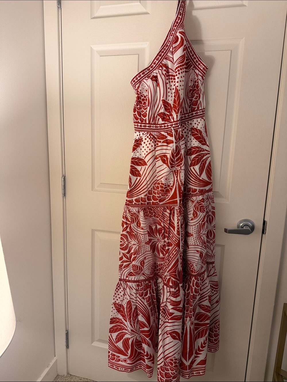 FARM Rio Red and White One-Shoulder Tiered Maxi Dress